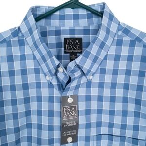 Jos A Bank Traveler Sportshirt Mens XL Blue Gingham All Cotton No Wrinkle